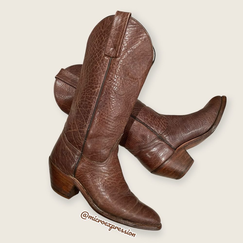 1980s VINTAGE Frye Real Leather Pull On Grainy Brown Pull On Western Cowboy Boot - Picture 7 of 16